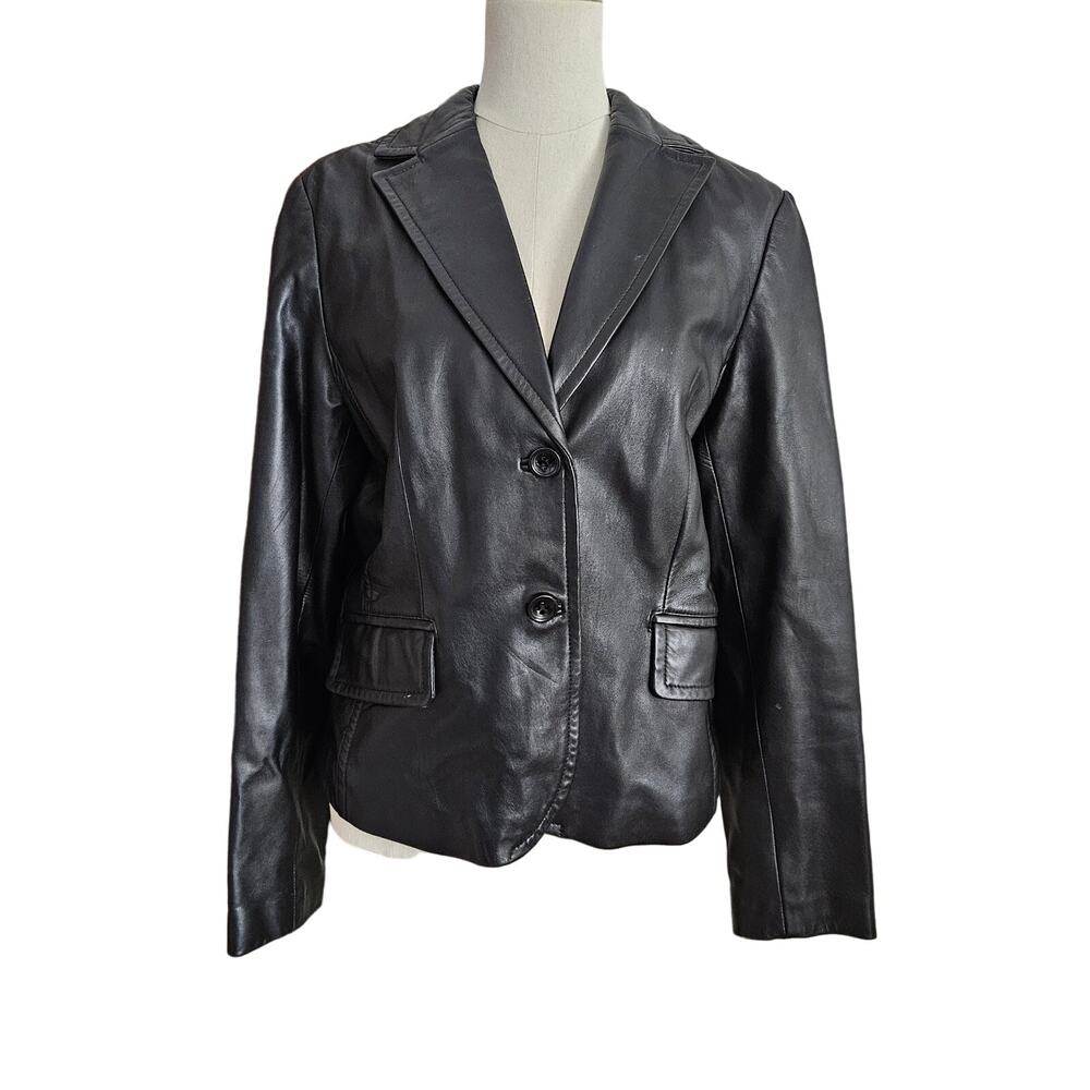 Vintage Black Leather Blazer Cropped Buttons Pockets 90s Y2K Soft Collar Large